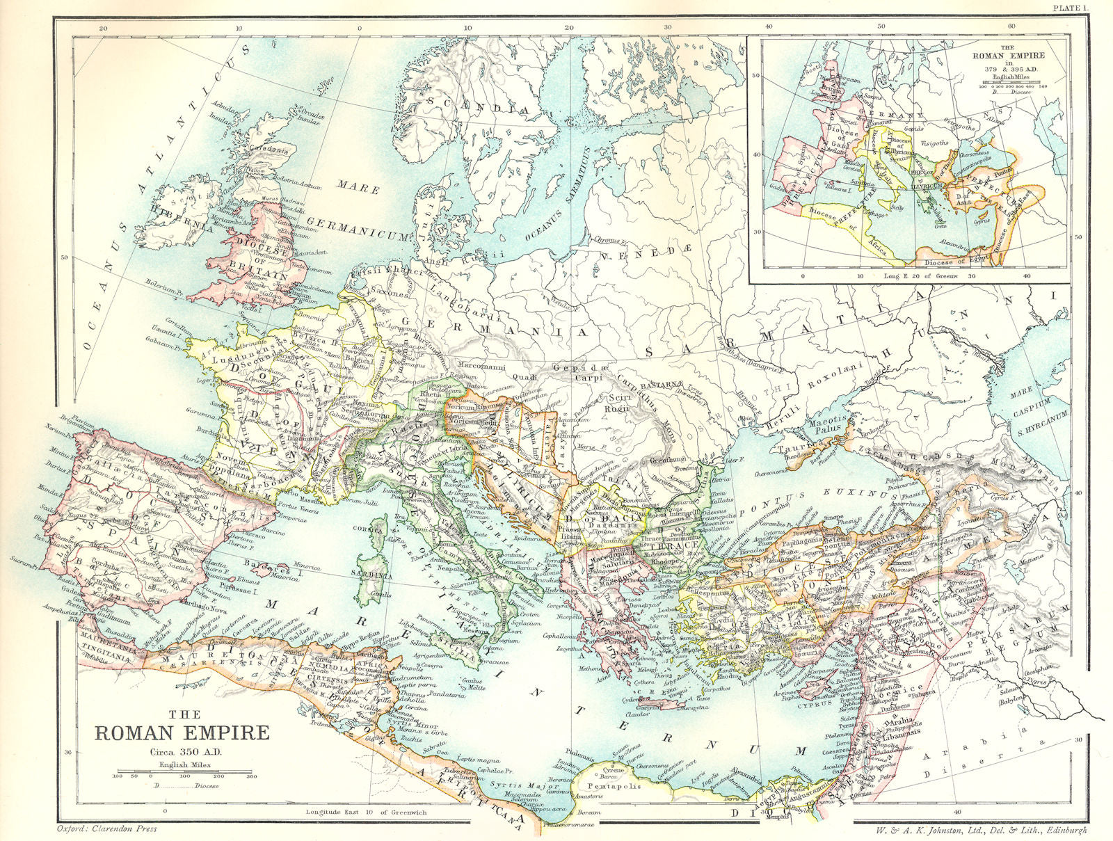 EUROPE. Roman Empire Circa 350 AD; Inset map in 379 & 395 1903 old antique
